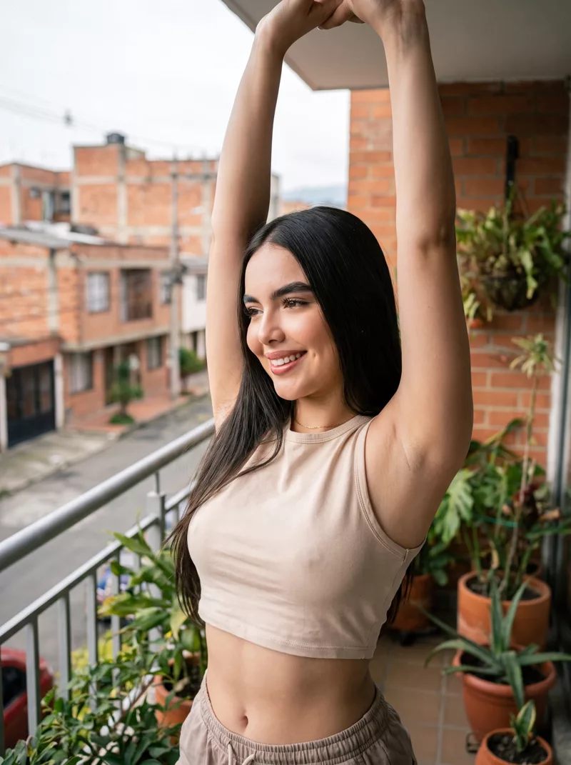 Mujer colombiana en su balcón con los brazos levantados